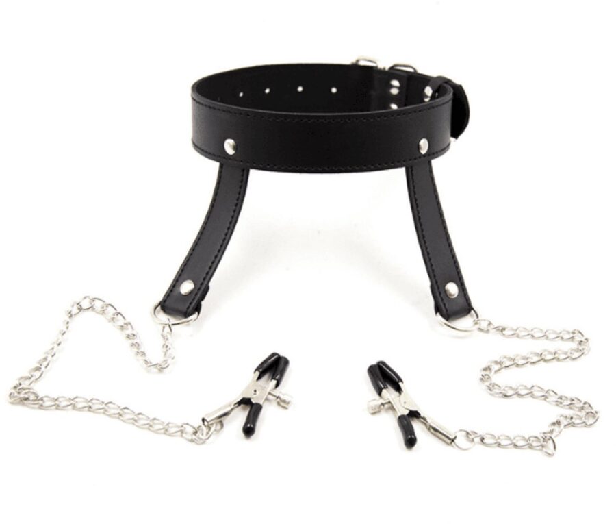 Adultshop BDSM collar met tepelklemmen en ketting