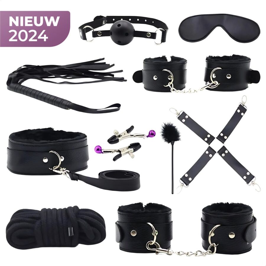 BDSM set 10-delig met gag ball, zweep en handboeien