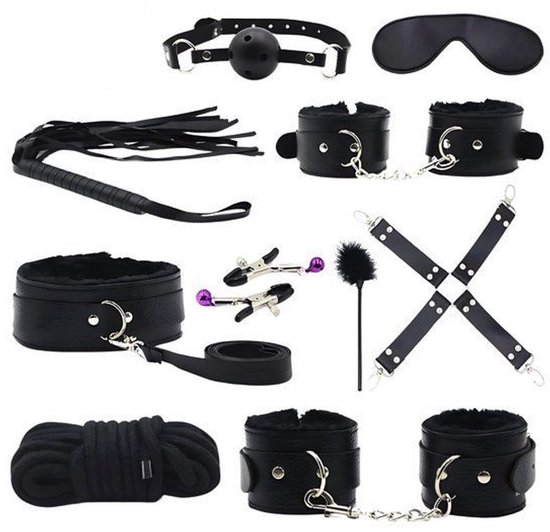 BDSM set 10-delig zwart met gag, zweep en boeien