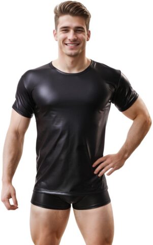 Glanzend wetlook T-shirt heren zwart clubwear