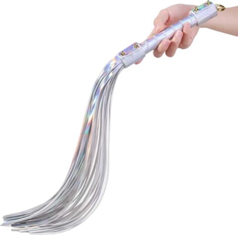 Glanzende regenboog flogger van leer en suède