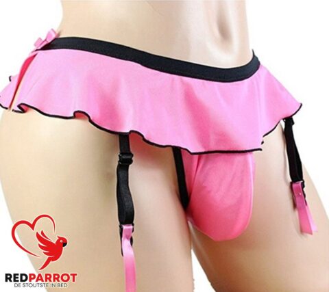 Roze heren mini rok met string en jarretels