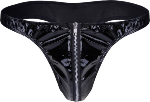 Heren string met rits in latexlook zwart maat M