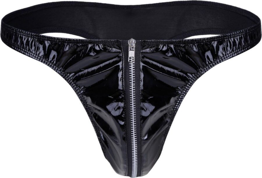 Heren string met rits in latexlook zwart maat M