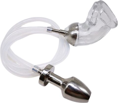 Holle penis sleeve met buttplug en slang voor plasseks