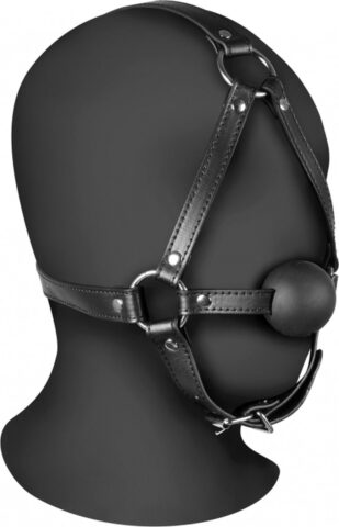 Hoofdharnas met solid ball gag, zwart leer