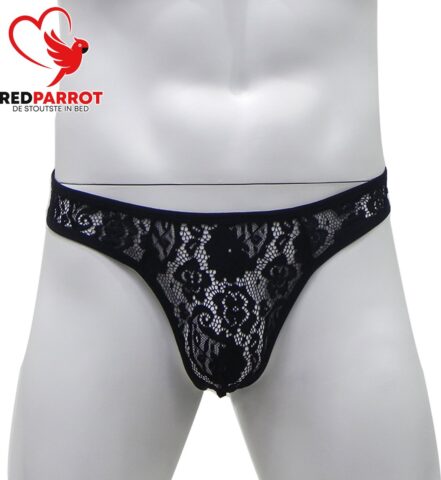 Semi-transparante kanten heren string, zwart