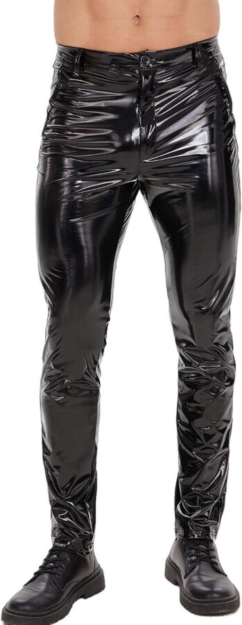 Kunstleren bikerbroek heren in wetlook, slim fit