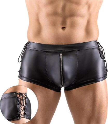 Zwarte latex boxer met veters en rits