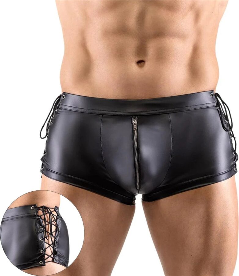 Zwarte latex boxer met veters en rits