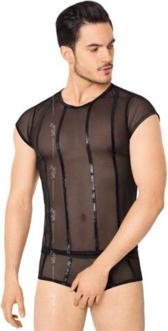 Mesh herenset shirt en short met wetlook zwart M/L