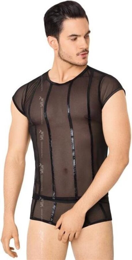 Mesh herenset shirt en short met wetlook zwart M/L