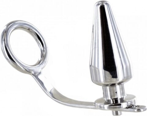 Metalhard cockring met anaalplug 50 mm