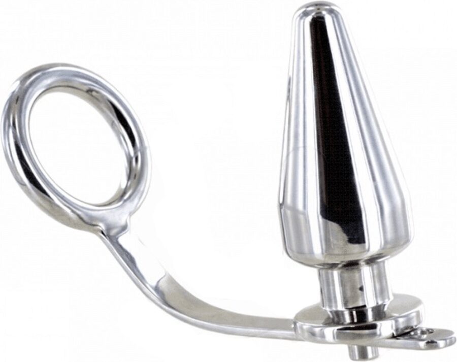 Metalhard cockring met anaalplug 50 mm