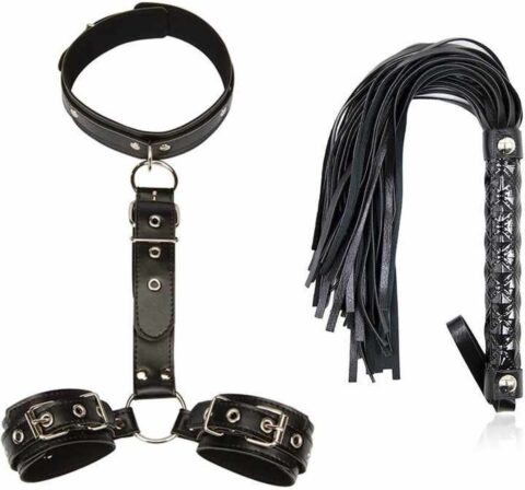 Nooitmeersaai hals- en armen bondageset met zweep