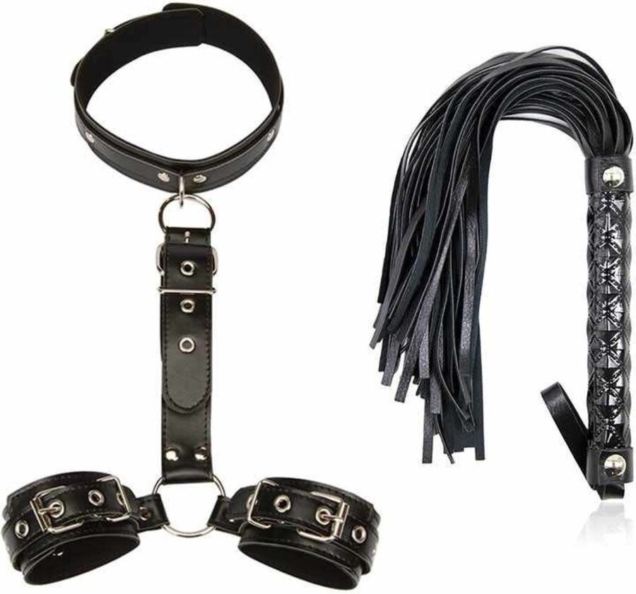 Nooitmeersaai hals- en armen bondageset met zweep