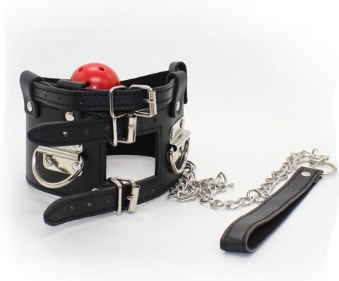 Nooitmeersaai halsband met rode ball gag en riem