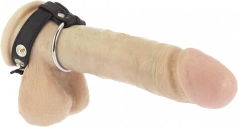 RVS cockring met leren balzak 40 mm zwart
