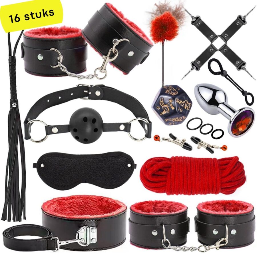 Sensa BDSM set 16-delig zwart-rood met buttplug