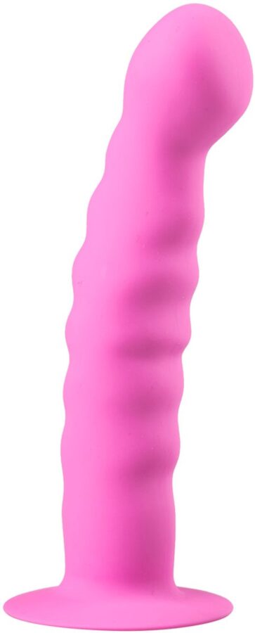 Geribbelde siliconen dildo met zuignap roze