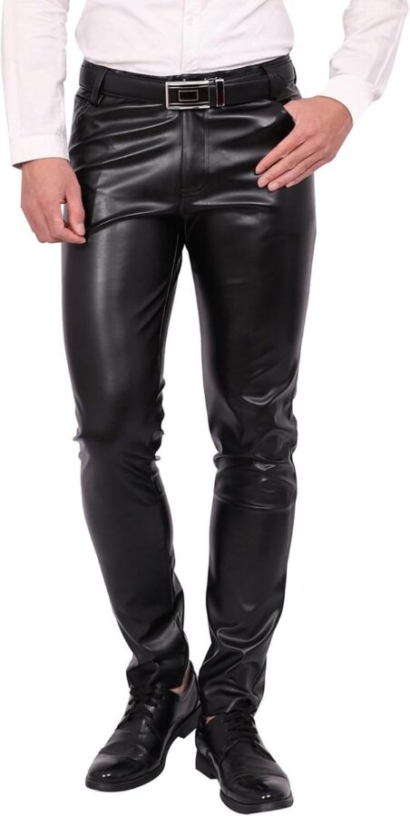 Slim fit kunstleren broek heren met stretch, zwart
