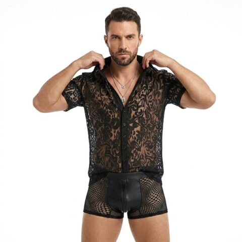 Transparante kanten blouse heren zwart