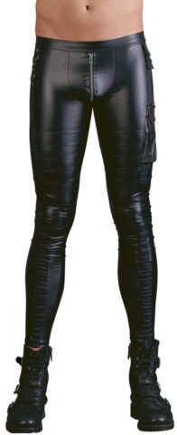 Wetlook herenbroek met rits zwart