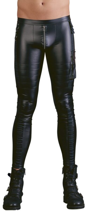 Wetlook herenbroek met rits zwart