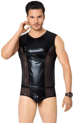 Wetlook herenset shirt en slip met netstof zwart M/L