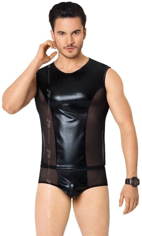 Wetlook herenset shirt en slip met netstof zwart M/L