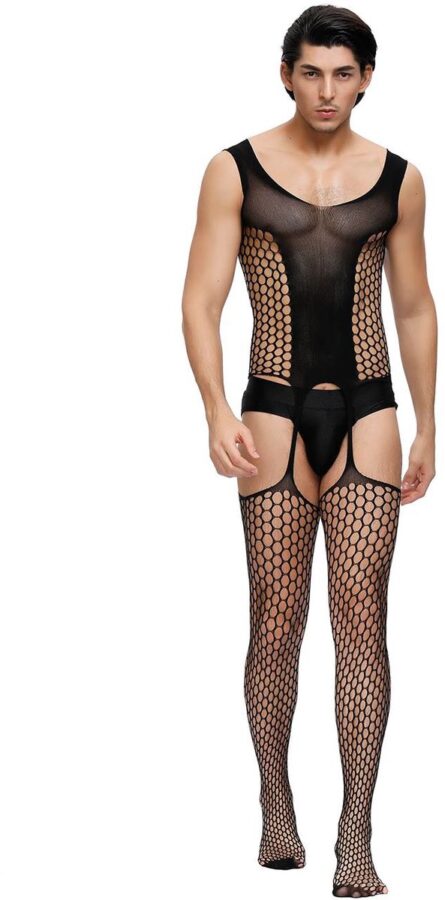 Zeloria heren bodystocking visnet met kant