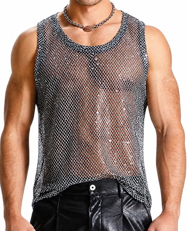 Zilveren mesh tanktop heren met pailletten