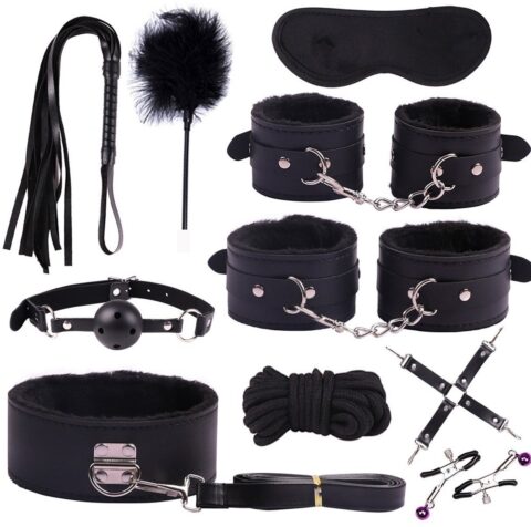 Zwarte bondageset 10-delig met kietelveer, boeien en masker