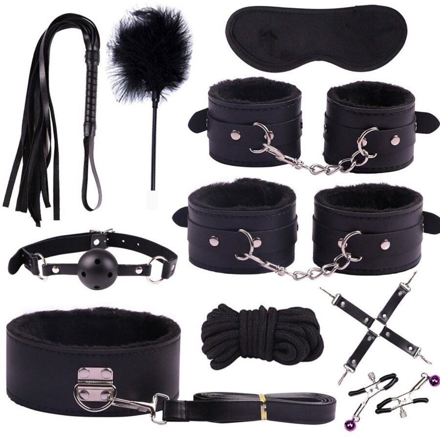 Zwarte bondageset 10-delig met kietelveer, boeien en masker