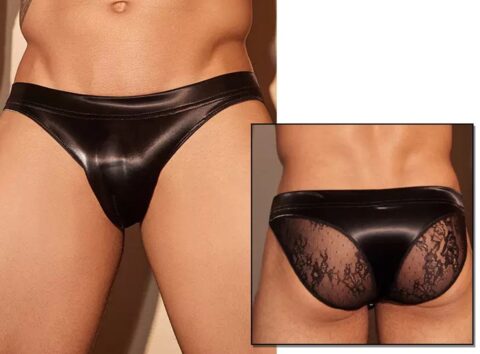 Zwarte herenslip in leerlook met kant, one size